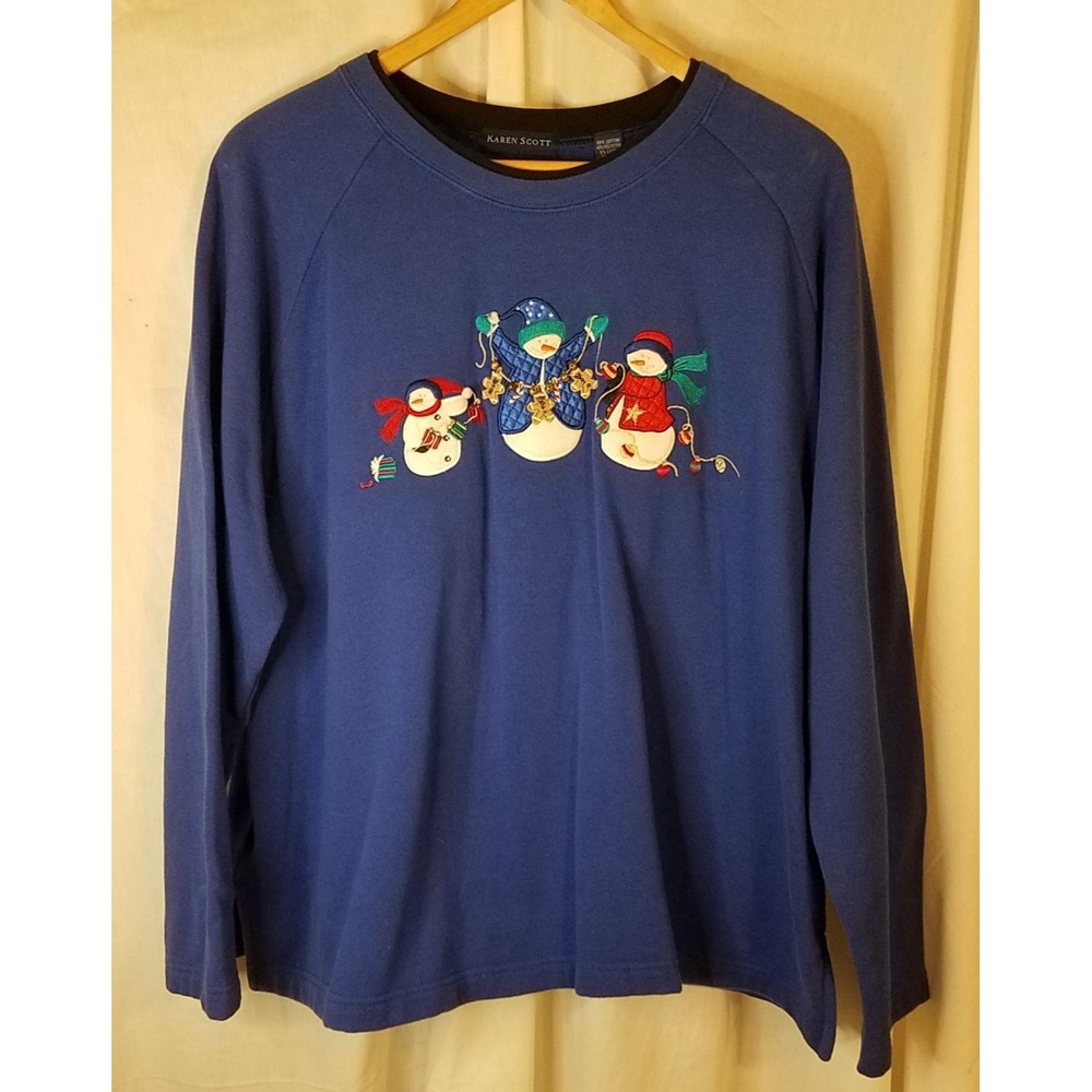 Vintage 90s Snowman Holiday Christmas Sweatshirt Embroidery Bells Size XL Blue
